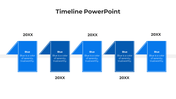Modern timeline with six alternating shades of blue folded page elements, each linked to a placeholder year.