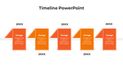 Modern timeline with six alternating shades of orange folded page elements, each linked to a placeholder year.