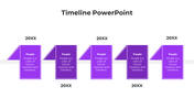 Purple themed timeline with five vertical labels, each featuring a year placeholder and text inside.