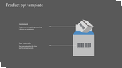 Product supply infographic with a large barcode box, a smaller box above, and arrows pointing to equipment and raw materials.