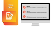 Case study template with an orange gradient folder icon and a monitor displaying three captions with circular icons.
