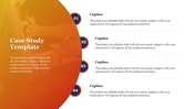 Case study template featuring an orange gradient background, with four numbered icons and text boxes on the right.