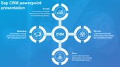 CRM diagram featuring four white circular icons connected to the center, set against a blue background.