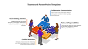 Corporate teamwork slide showing four businesspeople engaging in a puzzle assembly, symbolizing collaboration.