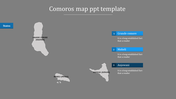 Comoros states map slide with gray island outlines, location names, and a blue-highlighted key for each region.