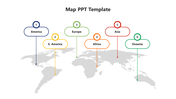 Gray world map with six numbered markers highlighting continents in blue, yellow, green, orange, red, and teal.