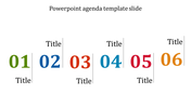 Colorful agenda template featuring six large numbers with placeholder text areas titles above placed in white background.