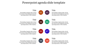 Agenda slide template with eight numbered circles in various colors, each paired with a title and descriptive text.