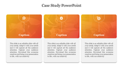 Case study slide with three labeled sections in orange and red hues, featuring an icon and caption below.