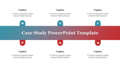 Case study slide with a horizontal gradient banner, flanked by six evenly spaced icons and placeholder text areas.