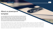 About us slide with a slanted blue and white layout, a blurred close up of a notebook and pen, and a structured text section.