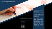 Creative slide with a diagonal split design, a close up of a hand writing, structured text areas, and a dark blue theme.