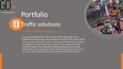 Traffic portfolio slide featuring text about vehicle inspection, with a circular image of a busy city street.