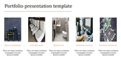 Oortfolio slide featuring five images with text representing different industries, such as plumbing and wiring.