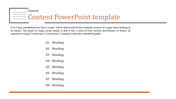 Content template with orange and black text, featuring organized list sections and a horizontal line.
