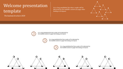 Welcome presentation template featuring geometric triangles and text about layout distractions in a business brochure.