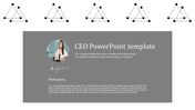 Gray section with a circular profile photo and signature below, paired with text, topped by geometric diagrams.