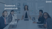 Teamwork presentation slide featuring professionals collaborating around a table with laptops in a bright office setting.