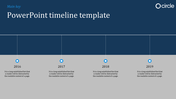 Professional timeline slide featuring a horizontal timeline from 2016 to 2019, blue milestone markers, and a blue header.
