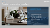 Professional service slide with a laptop on a desk, a dark blue text panel on the right, and a circle logo in the corner. 