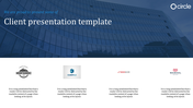 Client presentation slide showcasing four logos with a modern building background, in a clean design.