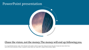 Modern slide template with a circular photo of a building under a cloudy sky, accented by blue and white arcs.