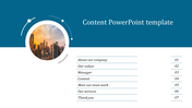 Content slide with a circular city skyline image, dark blue header, and seven sections with numbered entries on the right. 