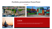 Portfolio slide with images of shipping containers, a port, and a cargo ship, along with red text box.