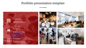 Portfolio template with a large red-tinted teamwork image on the left, featuring three white icons and text descriptions