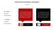 Client presentation template with pricing information 1500 and 8540, testimonial speech bubbles, and client logos.