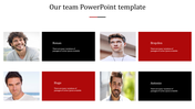 Team template featuring four team members with photos and placeholder text in black and red sections.