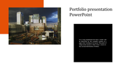 Portfolio slide showing a modern city construction site with an orange corner and a black text box explaining the layout.