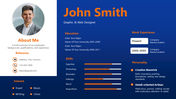 Portfolio template with a blue background, featuring a profile photo, personal information, education, and work experience.