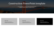 Construction themed template featuring a bridge image with three text boxes below in gray and black tones.