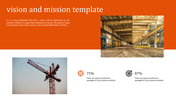 Slide with an orange header, featuring a crane and a factory image, featuring progress indicators below.