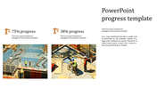 Two percentage sections with construction site images with workers, and a text with title on the right.