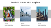 Portfolio presentation slide with three images of buildings with a simple layout and gray background sections.