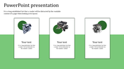 Three section slide featuring circle backed engine images with placeholder text, on a green and white backdrop.
