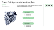 Vehicle PowerPoint template with an engine illustration and sections for presentation titles and headings.