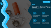 Creative PowerPoint slide featuring measuring tape and thread with numbered sections for text.