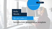 Introduction slide featuring a coder in front of a computer with a blue header displaying text in a white and blue theme.