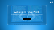 Web design slide with a photo of a laptop and a clean layout featuring the text  in a white and blue backdrop.