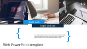 Web slide with a photo of a laptop and a clean layout featuring the text of web pages placed with a caption areas.