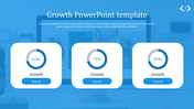 Growth slide featuring three circular progress bars with percentages, on a blue background, each with a search button.