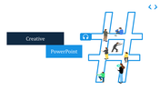 Creative slide with a large blue hashtag symbol, people interacting with it, and dark and blue text banners on the left.