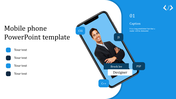 Mobile phone slide featuring a businessman inside a tilted phone frame, tech skill tags, and blue and dark text elements.