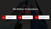 Professional slide with a tall building background, featuring three red icons and white boxes with contct details.