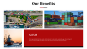 Grid layout of aerial shots, stacked containers, shipping visuals, and a red rectangular box showing financial stat.