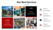 Service slide with six square images of logistics, with red and black stat boxes and four text to the right.
