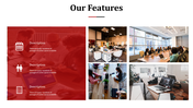 Grid layout showing red overlay feature list on the left and four rectangular office environment images on the right.